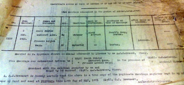 marriage cert C H F Lees