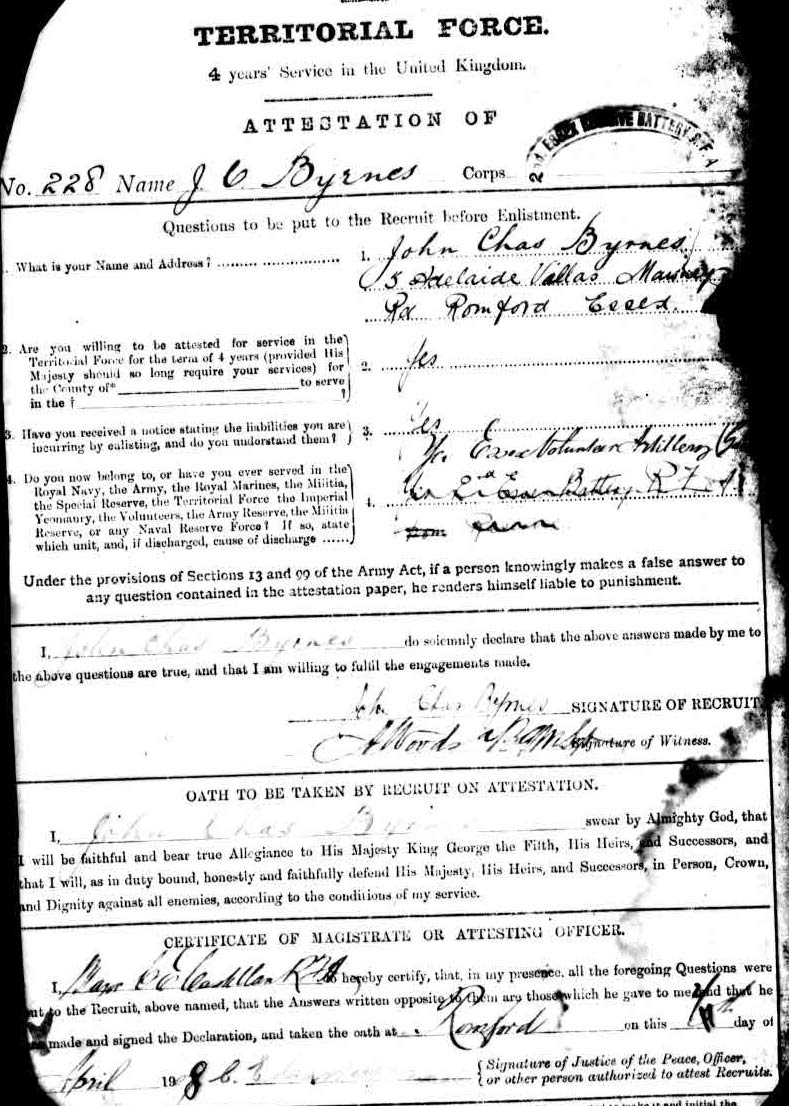John Charles Byrnes, service record